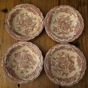 Bristol Vintage Floral Scalloped Ceramic Bowls - Red Transferware (Set of 4)
